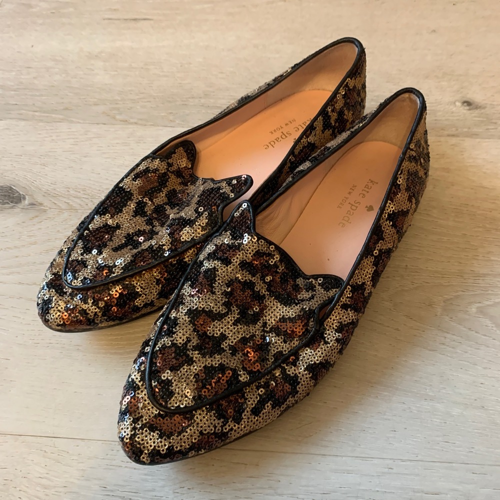 Kate Spade New York Leopard Sequin Cat Ear Loafers Flats Brown Gold 7M